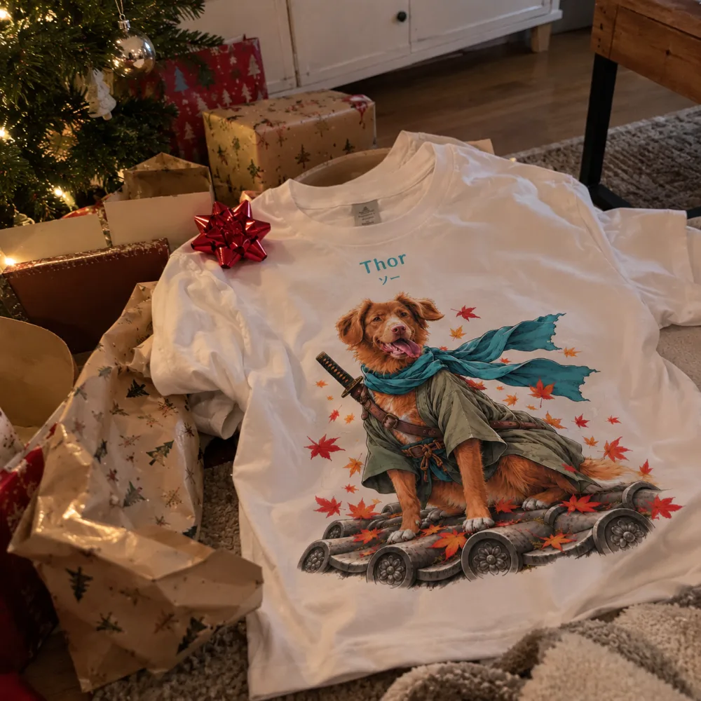 T-shirt de Thor, chien en samouraï, déballé au pied du sapin de Noël avec un nœud rouge